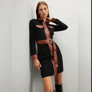 Derek Lam Collective Tie Waist Black Dress with Tan Faux Leather Accents